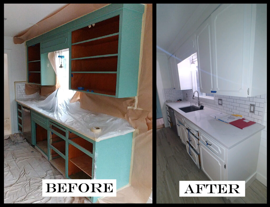 Before & After Painted Kitchen Cabits - From Teal to White